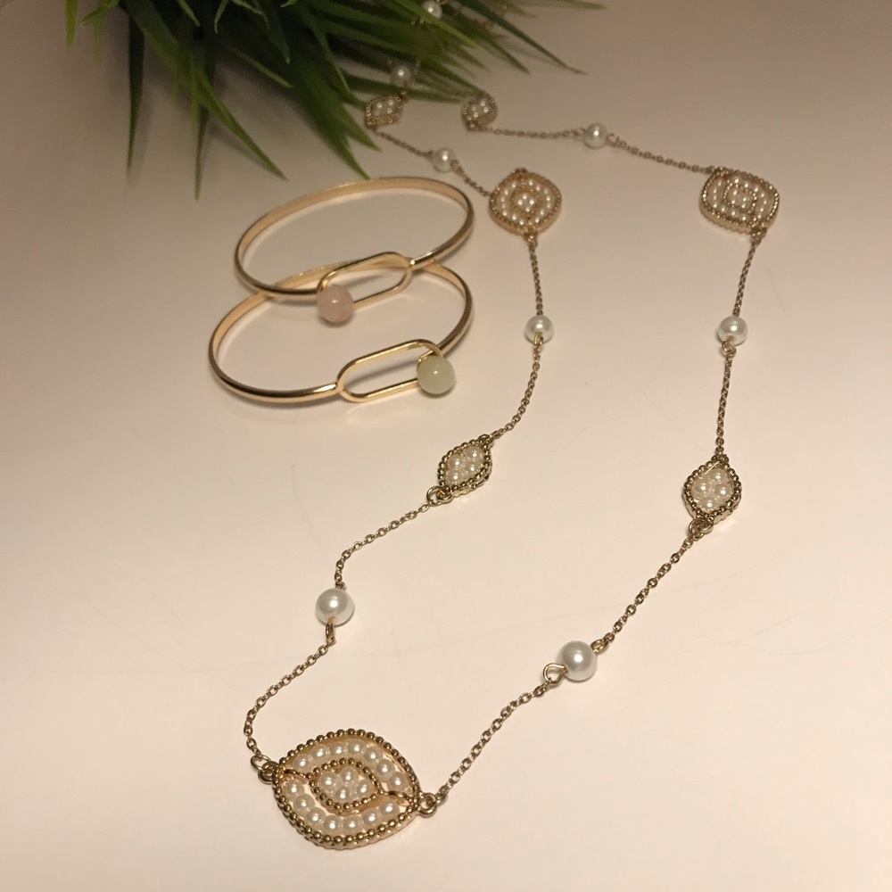 2 Gemstone bracelets and Pearl necklace Gold Tone - Picture 2 of 10